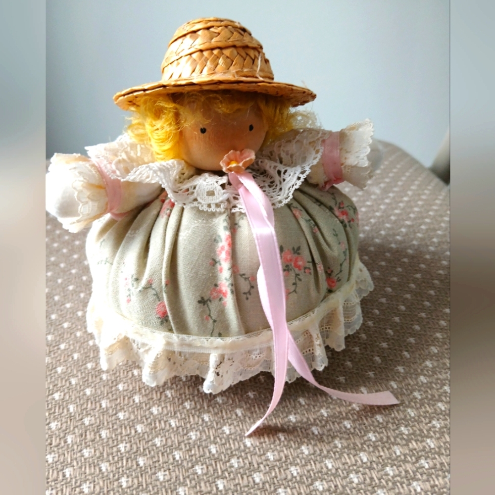 Floral Doll with Straw Hat and Pink Ribbon